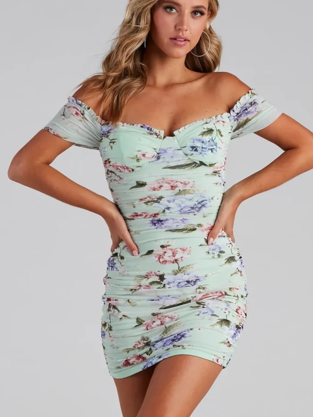 Windsor Mint Floral Off-Shoulder Ruched Mini Dress
